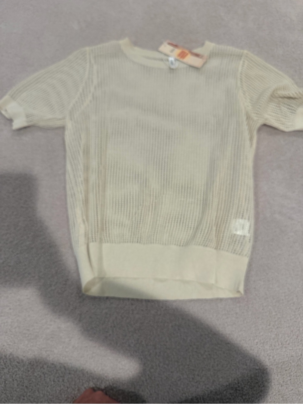 Amazon Women's Short Sleeve Open Knit Crew Neck Sweater in Cream